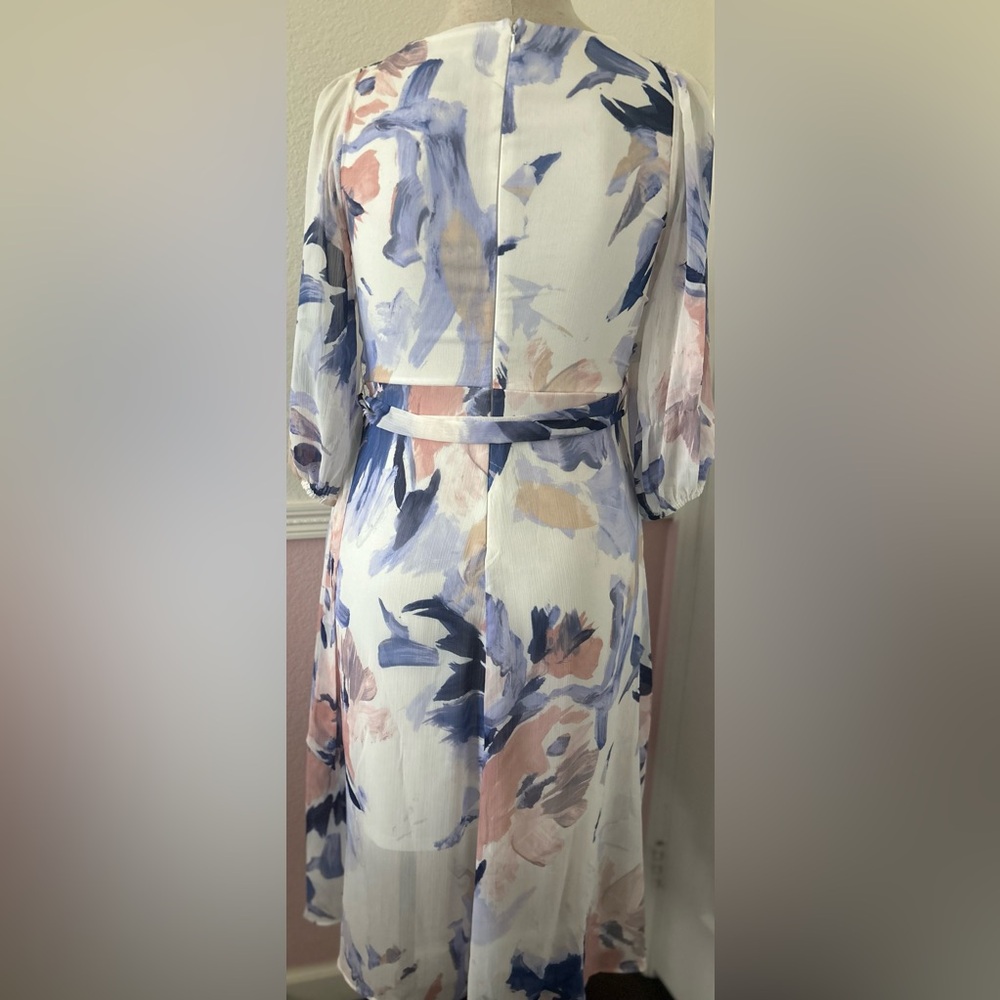 DKNY Blue and Pink Wrap Sundress with Bishop Sleeves - Picture 8 of 12
